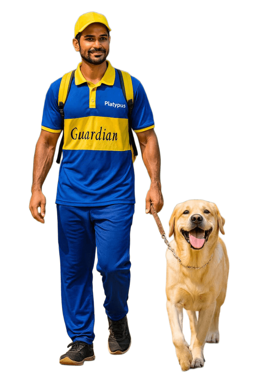 Professional dog walker with golden retriever